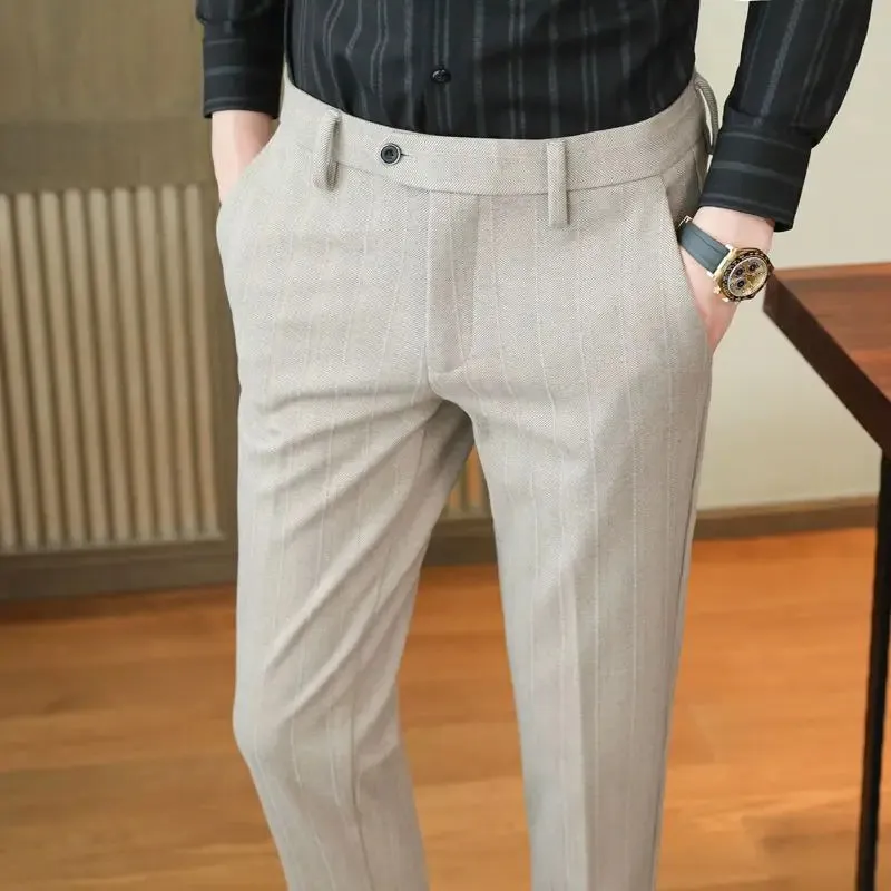 ADVBRIDGE New Men's Autumn Winter Striped Business Casual Pants Male Slim Fit Suit Pants Pants Men High Waist Dress Trousers H253