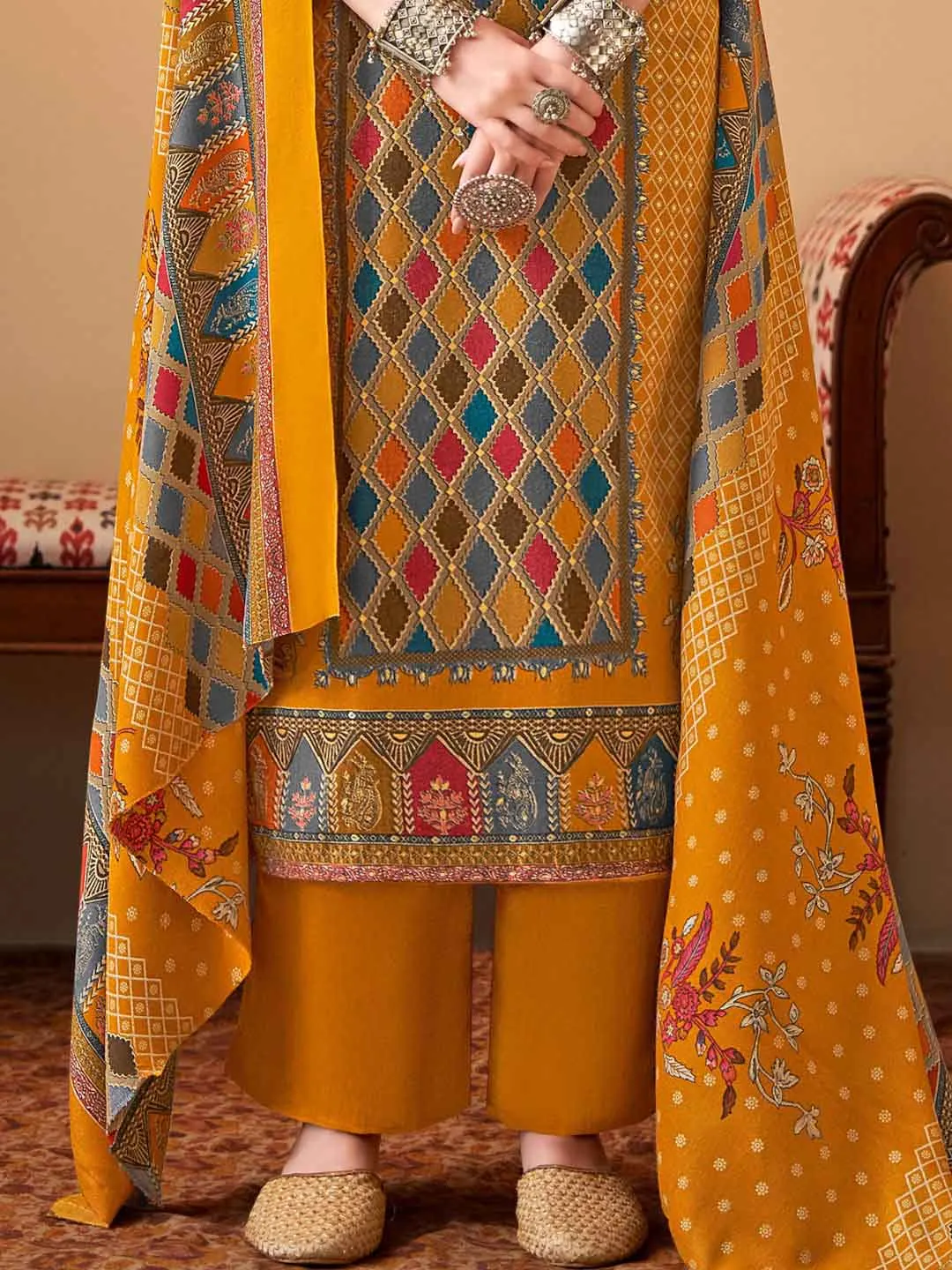 Alok Printed Yellow Pashmina Unstitched Winter Suit Material for Ladies