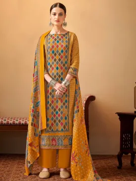 Alok Printed Yellow Pashmina Unstitched Winter Suit Material for Ladies