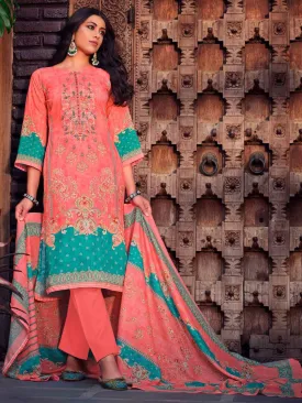 Belliza Unstitched Women Pakistani Print Cotton Suits Coral red