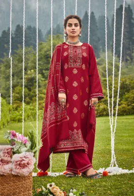 Belliza Wool Pashmina Red Unstitched Winter Suits