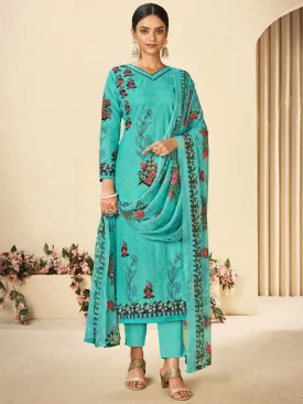 Blue Printed Cotton Unstitched Suit With Chiffon Dupatta