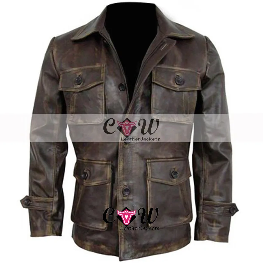 Brown Distressed Four Pockets Super 7 Real Leather Jacket