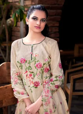 Cotton Linen Printed Off-White Dress Materials with Chiffon Dupatta