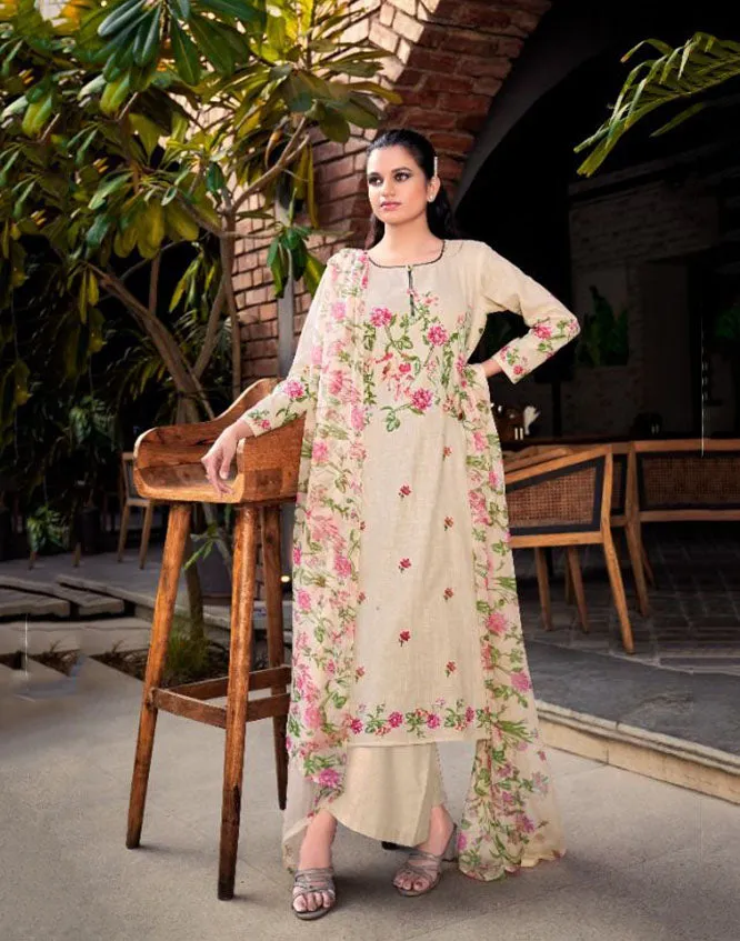 Cotton Linen Printed Off-White Dress Materials with Chiffon Dupatta