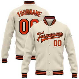 Custom Cream Orange-Black Bomber Full-Snap Varsity Letterman Jacket