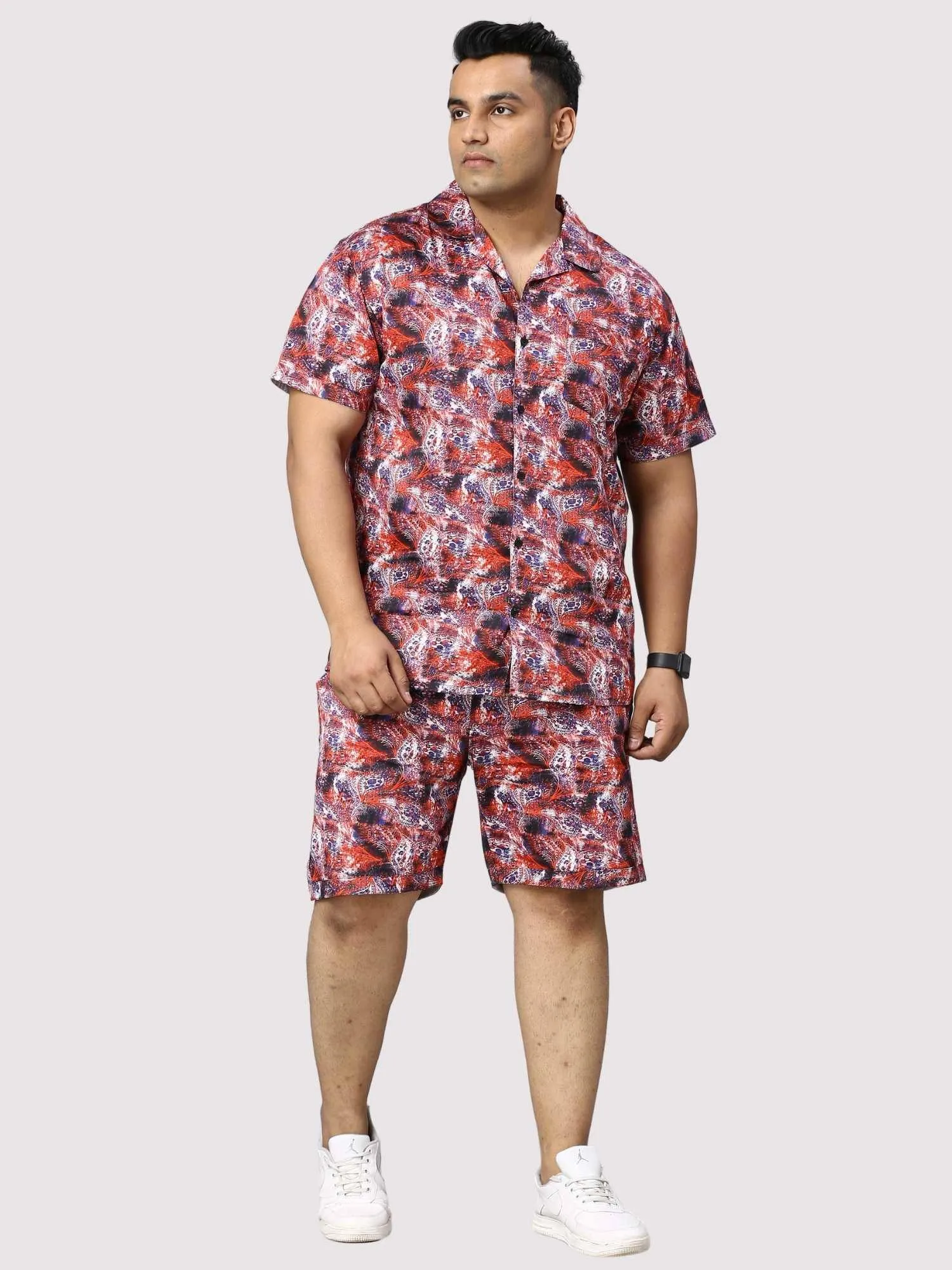 Dark Coral Digital Printed Half Co-Ords Men's Plus Size