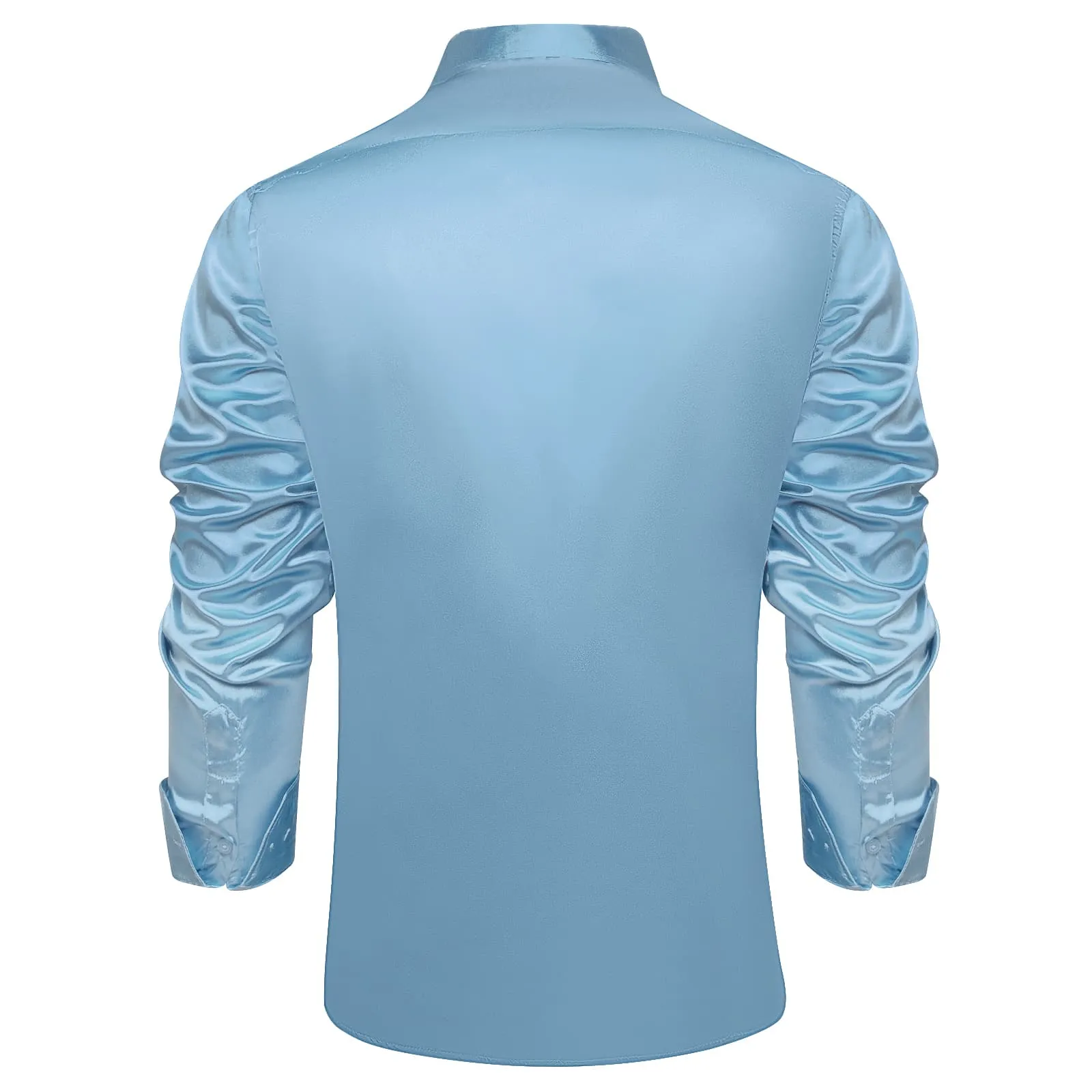 DiBanGu Long Sleeve Shirt Arctic Blue Solid Silk Satin Mens Dress Shirt