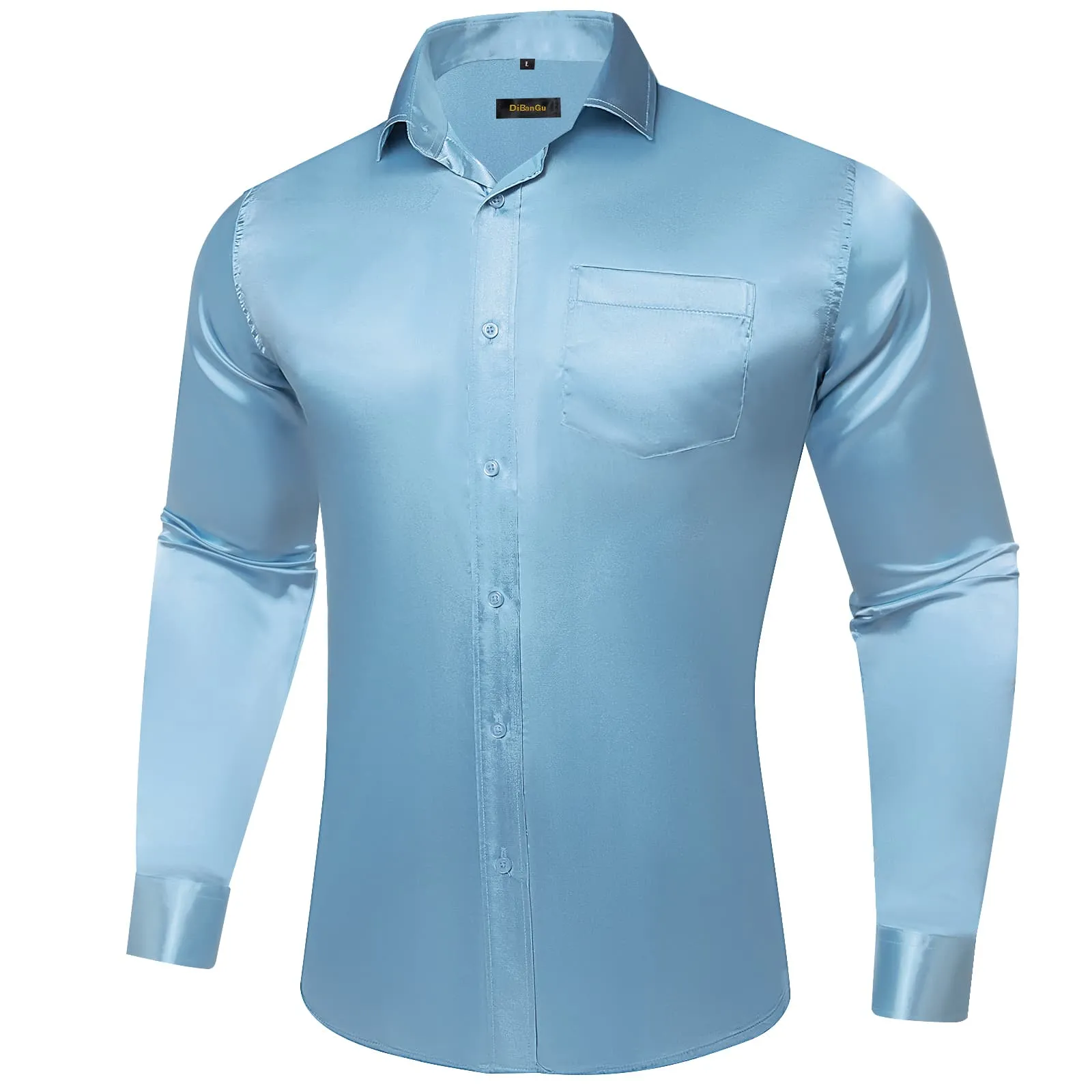 DiBanGu Long Sleeve Shirt Arctic Blue Solid Silk Satin Mens Dress Shirt