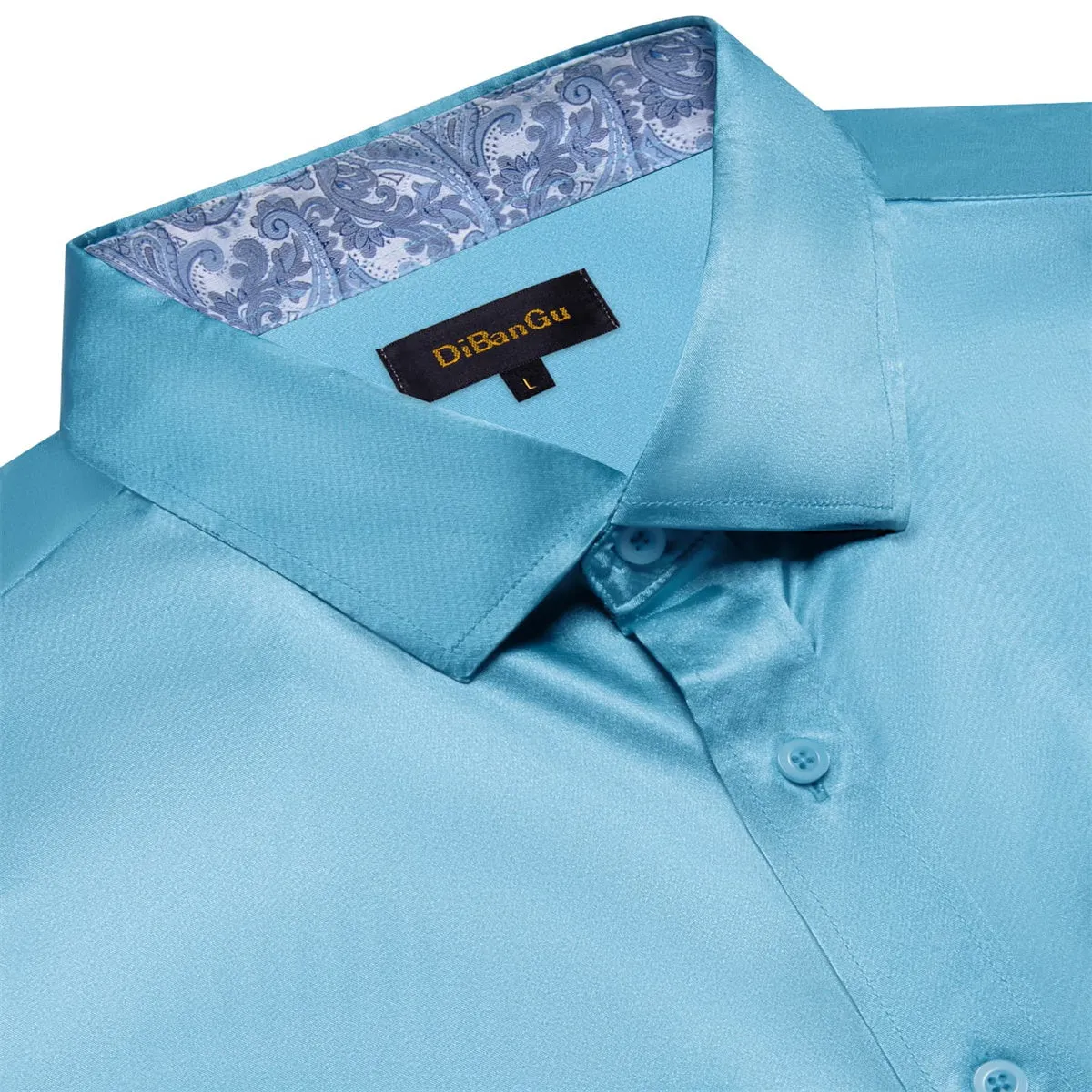 DiBanGu Tuxedo Shirt Moonstone Blue Solid Satin Silk Button Up Long Sleeve Men's Shirt