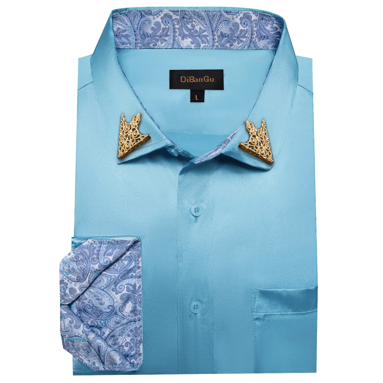 DiBanGu Tuxedo Shirt Moonstone Blue Solid Satin Silk Button Up Long Sleeve Men's Shirt