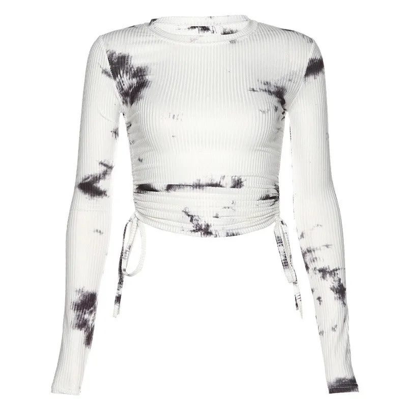 Fashion women's long-sleeved round neck Tie dye T-shirt