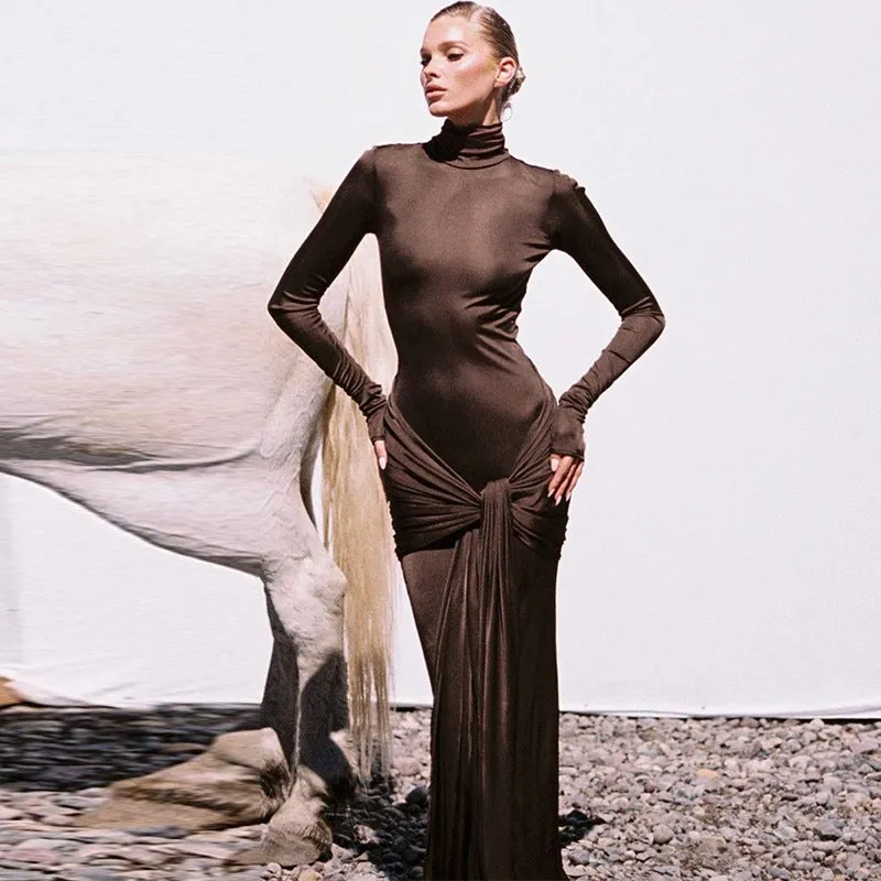 French Turtleneck Long Sleeve Slim Fit Long Dress