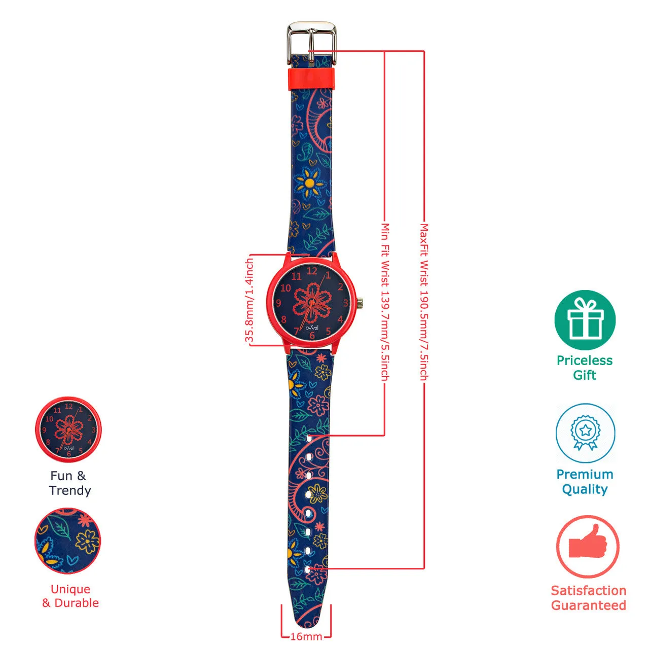 Girls Teen Analog Watch - Navy Blue and Red Paisley