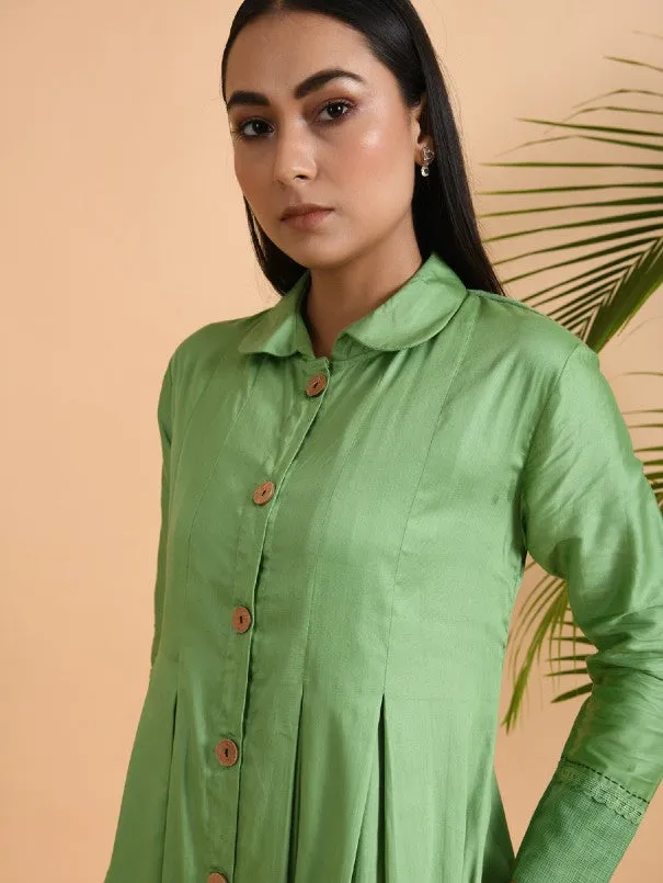 Green Box Pleat Cotton Silk Jacket