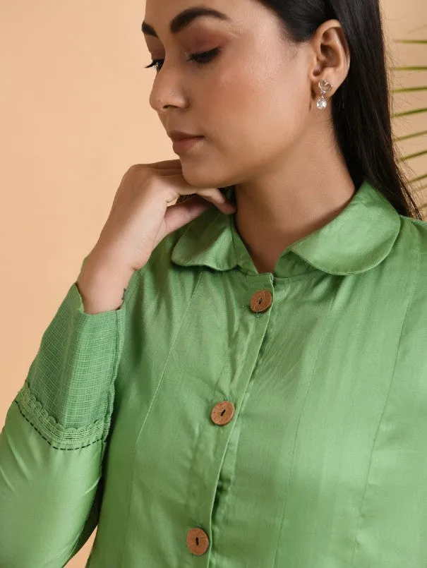 Green Box Pleat Cotton Silk Jacket