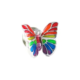 Hand Painted Rainbow Enamel Butterfly Sterling Silver Lapel Pin I Jan Leslie