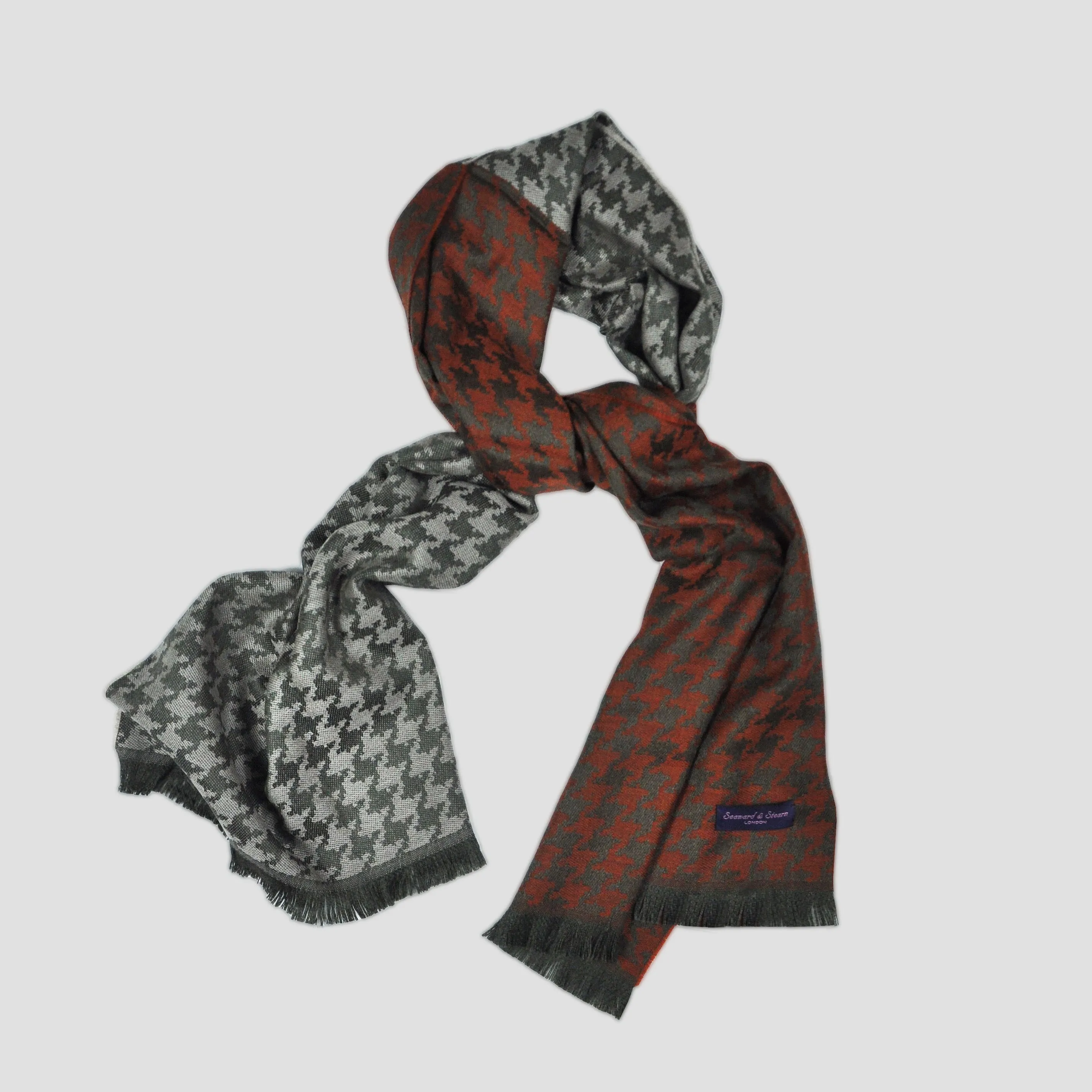 Houndstooth Super Fine Wool Scarf in Olive & Rusty Orange