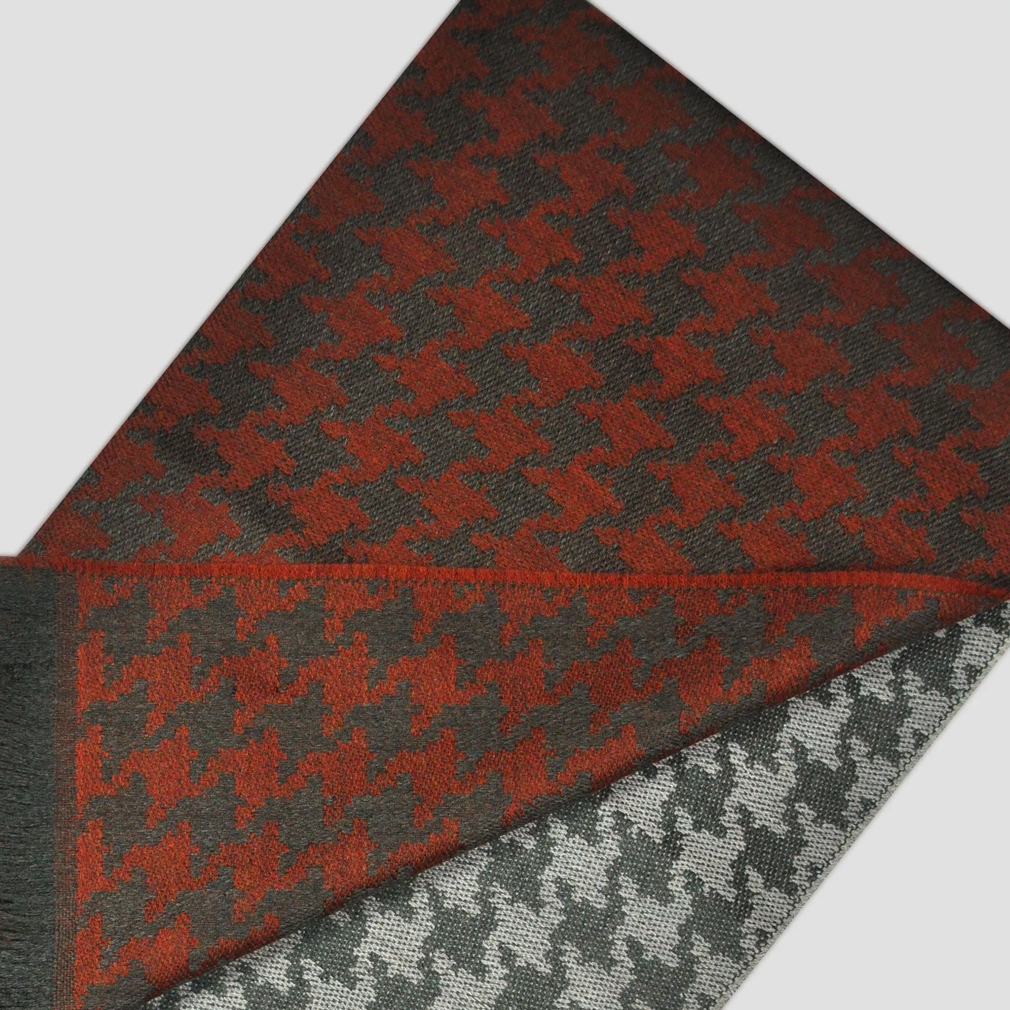 Houndstooth Super Fine Wool Scarf in Olive & Rusty Orange