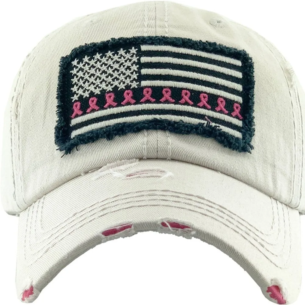 KBV1340 Breast Cancer Ribbon Flag Vintage Washed Baseball Cap