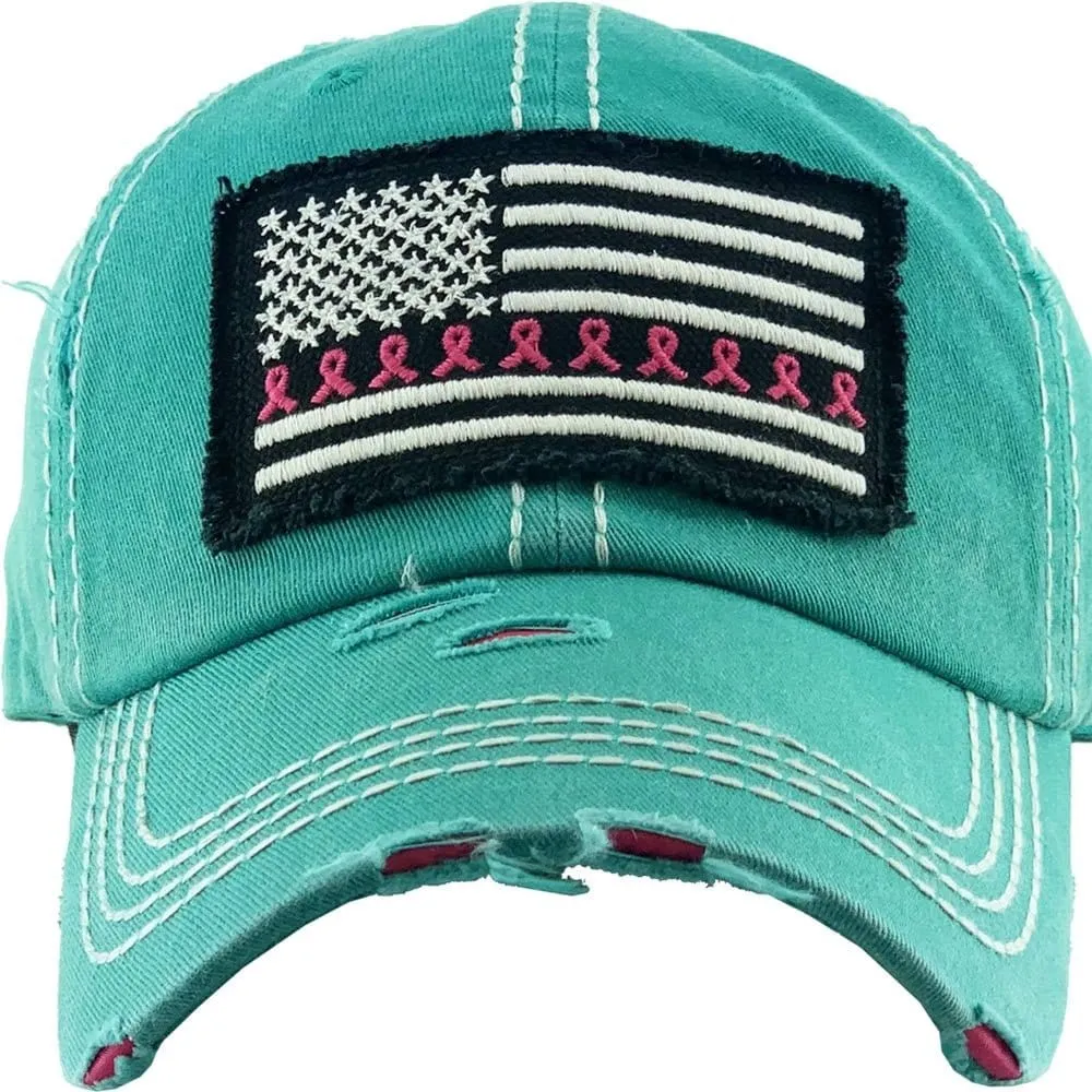 KBV1340 Breast Cancer Ribbon Flag Vintage Washed Baseball Cap