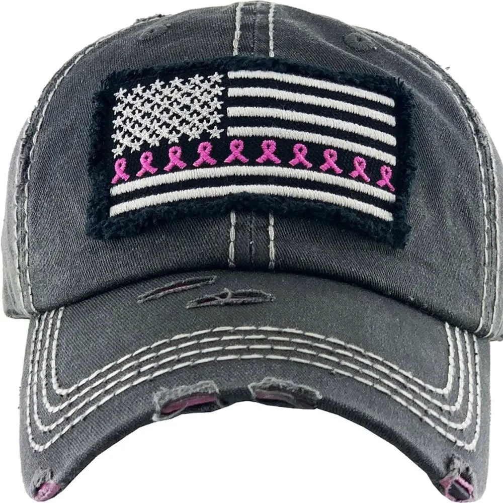 KBV1340 Breast Cancer Ribbon Flag Vintage Washed Baseball Cap