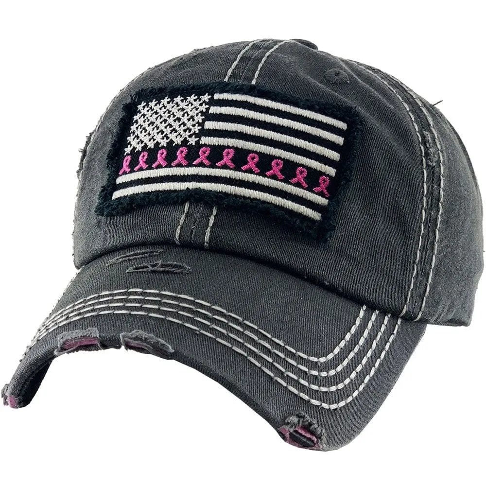 KBV1340 Breast Cancer Ribbon Flag Vintage Washed Baseball Cap