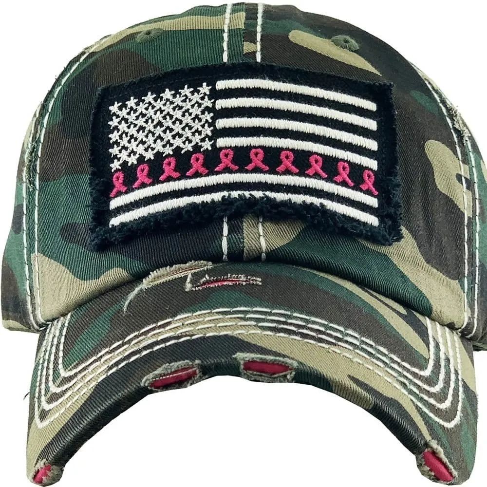 KBV1340 Breast Cancer Ribbon Flag Vintage Washed Baseball Cap