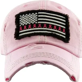 KBV1340 Breast Cancer Ribbon Flag Vintage Washed Baseball Cap