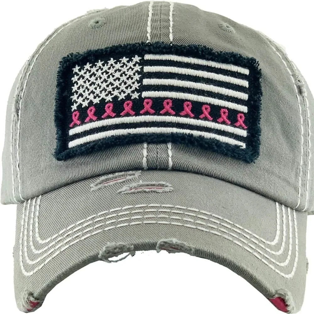 KBV1340 Breast Cancer Ribbon Flag Vintage Washed Baseball Cap