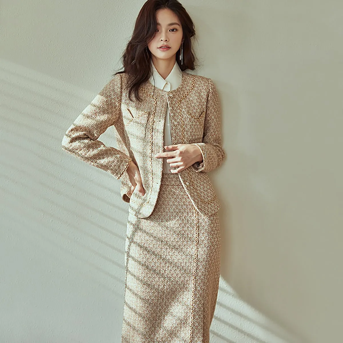 Khaki Two Piece Jacket and Skirt Set