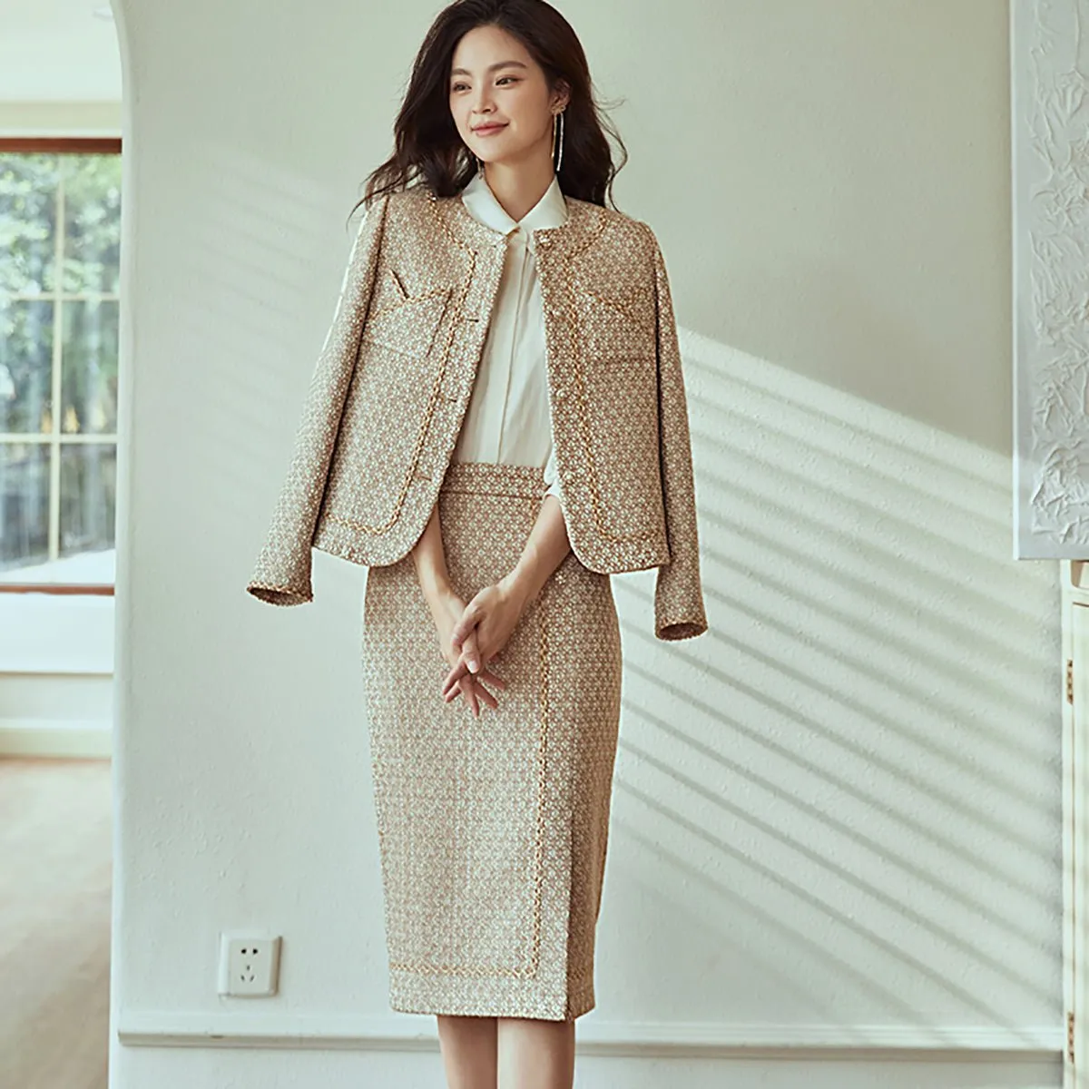 Khaki Two Piece Jacket and Skirt Set