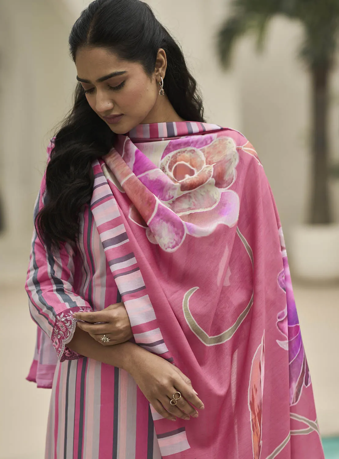 Kilory Pink Unstitched Cotton Salwar Suit Material with Fancy Work