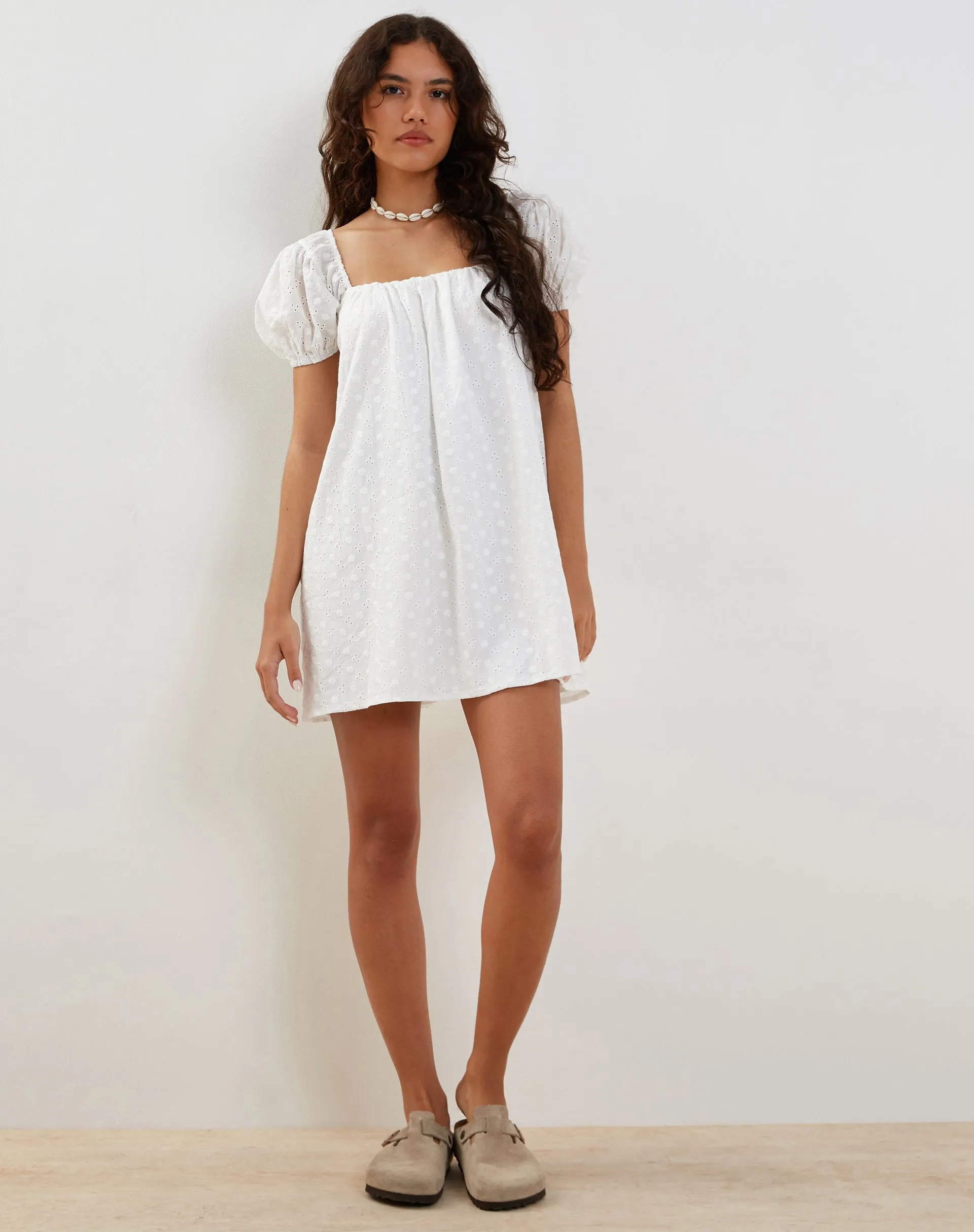 Leyona Broderie Mini Dress in White