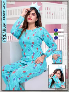 Long Top Full Sleeves Blue Cotton Night Suit for ladies