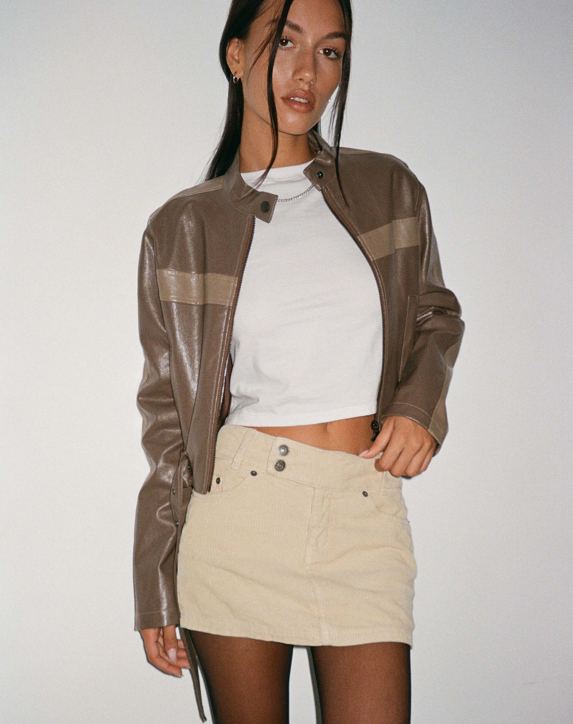 Low Rise Mini Skirt in Cord Light Tan