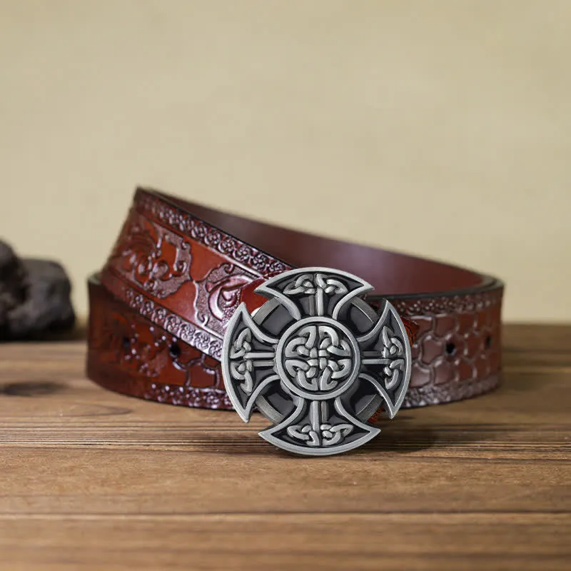 Men's DIY Viking Celtic Cross Knot Buckle Leather Belt