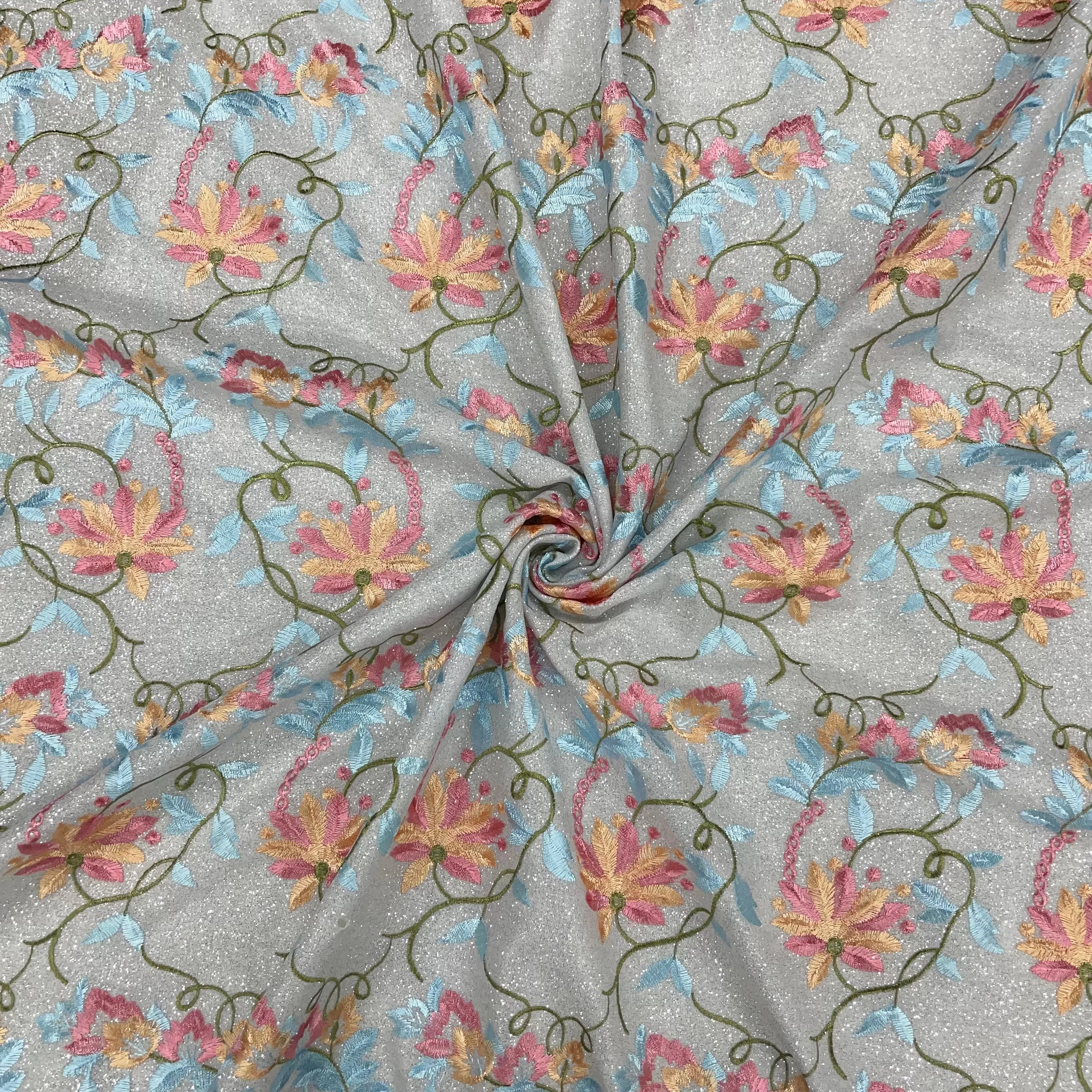 Multicolor Floral Shimmer Knitted Embroidery Fabric