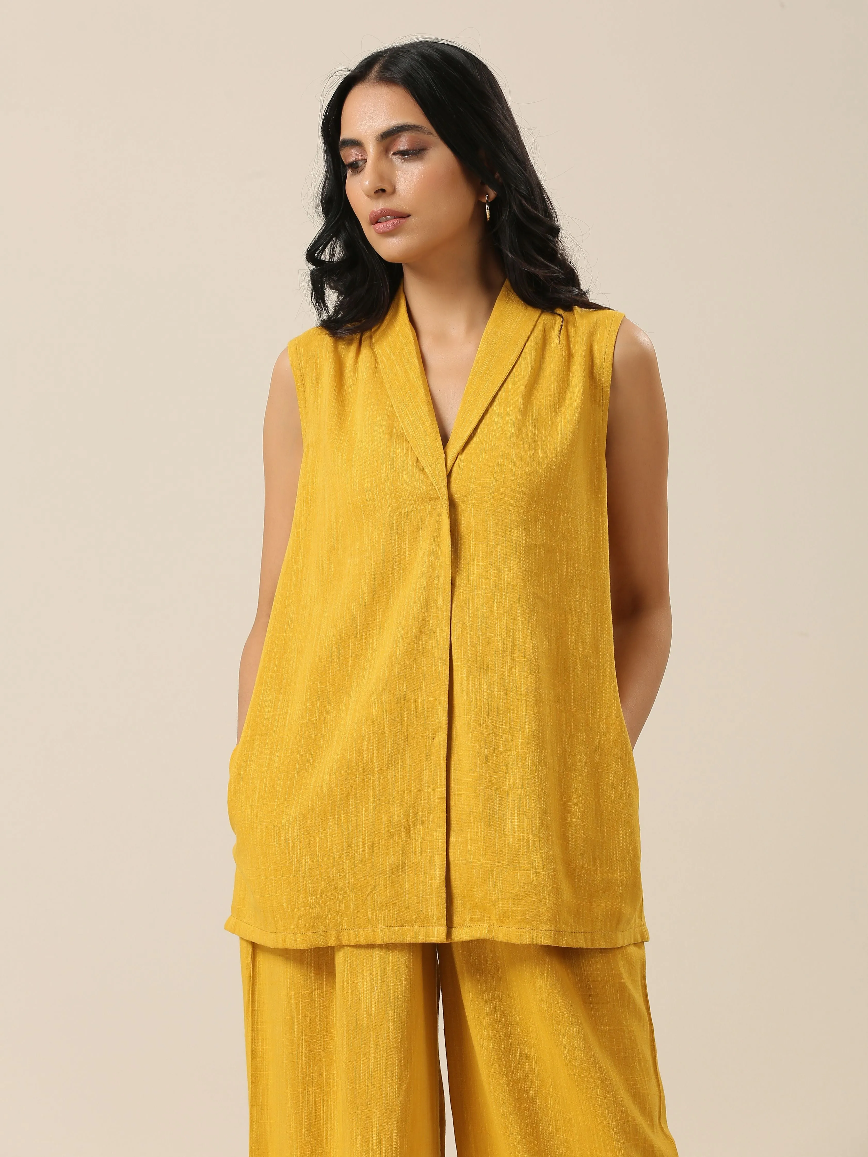 Mustard Yellow Slub Texture Sleevesless Jacket Pant Set