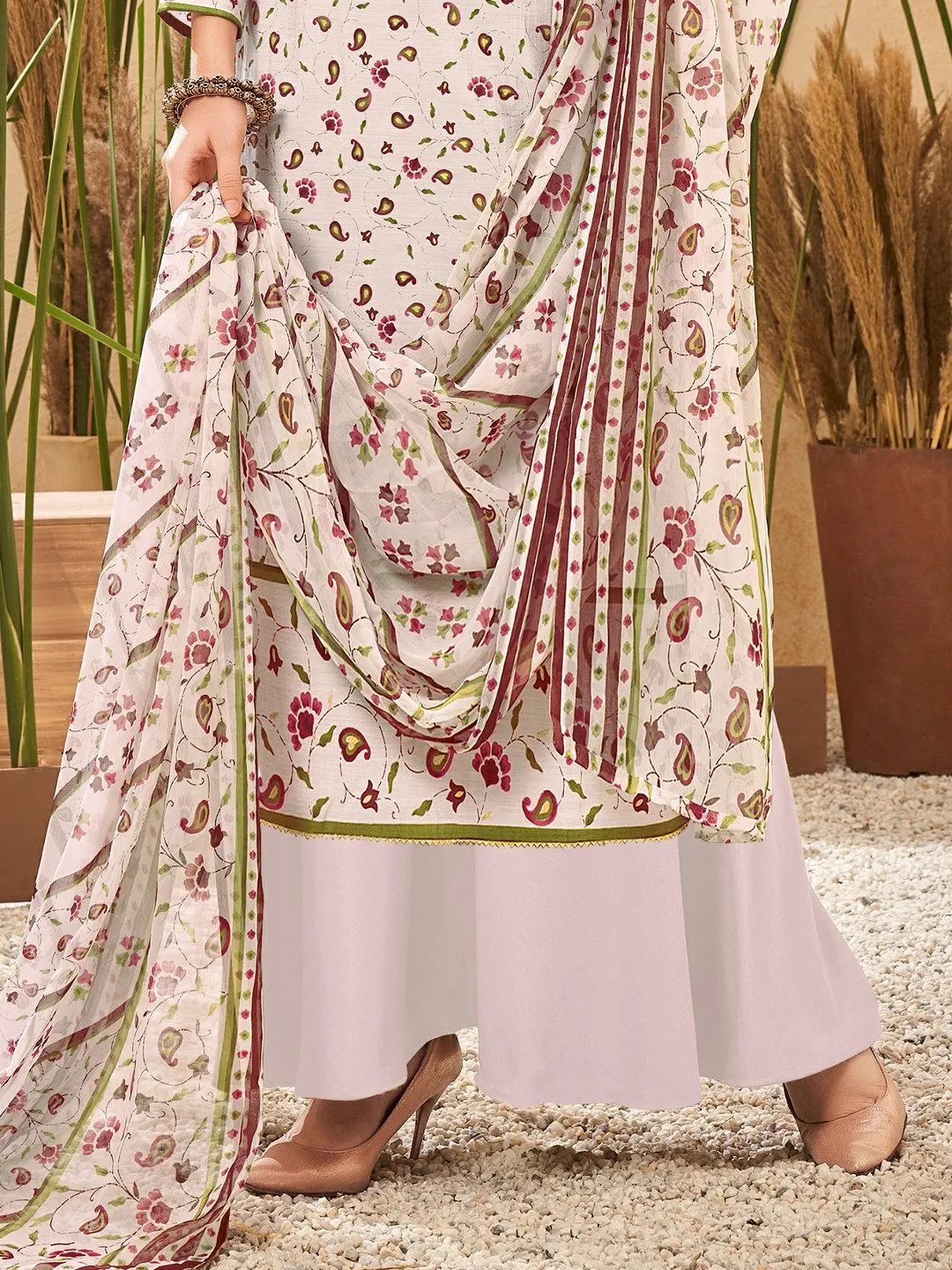 Off White Viscose Silk Unstitched Suit with Chiffon Dupatta