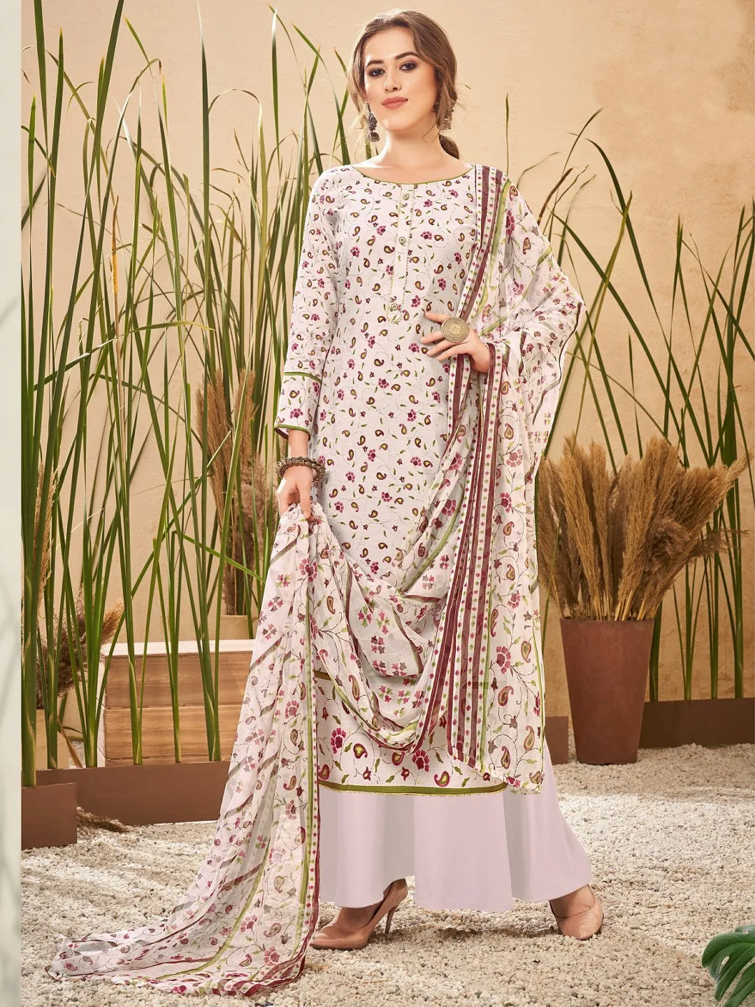 Off White Viscose Silk Unstitched Suit with Chiffon Dupatta