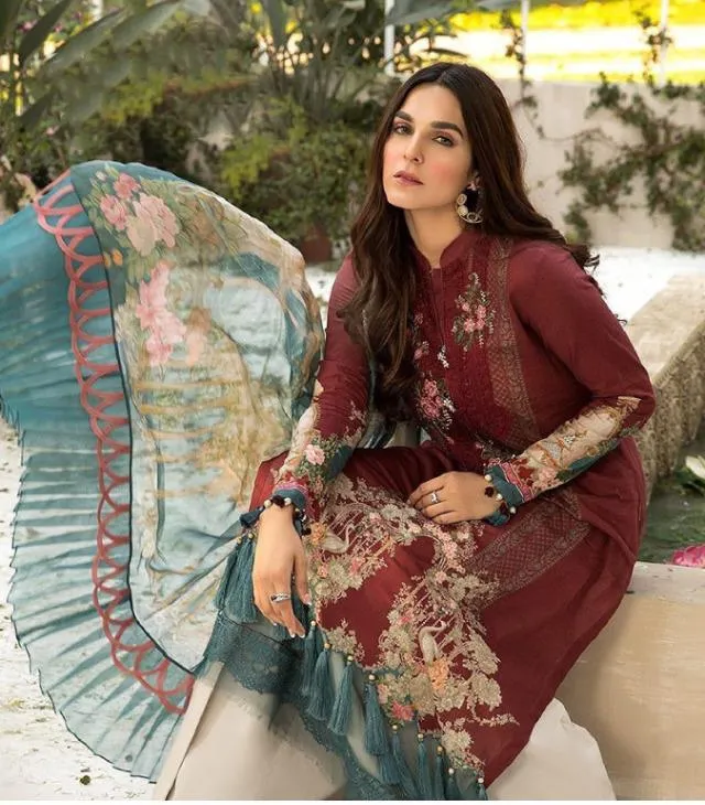 Pakistani Maroon Cotton Unstitched Suit Material for Women