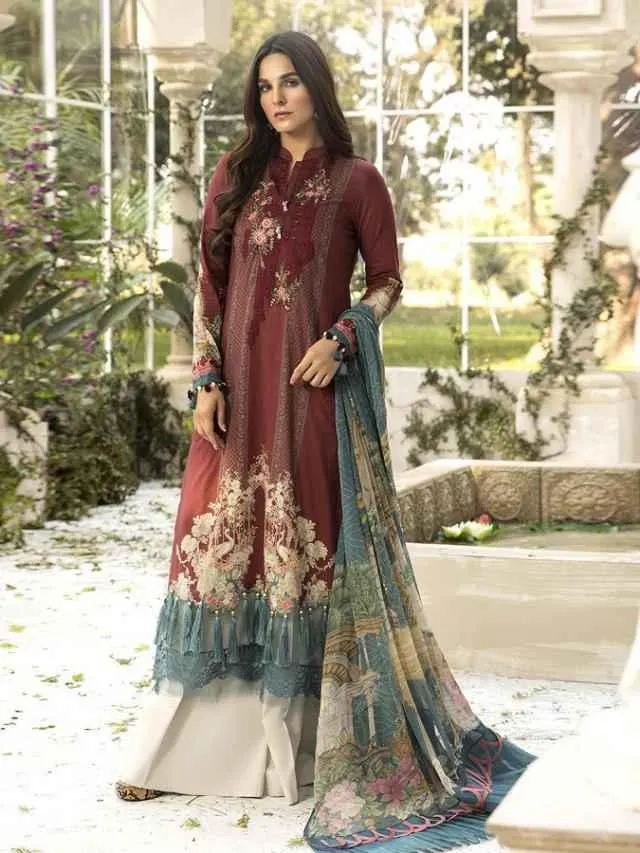 Pakistani Maroon Cotton Unstitched Suit Material for Women