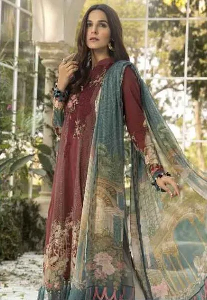 Pakistani Maroon Cotton Unstitched Suit Material for Women