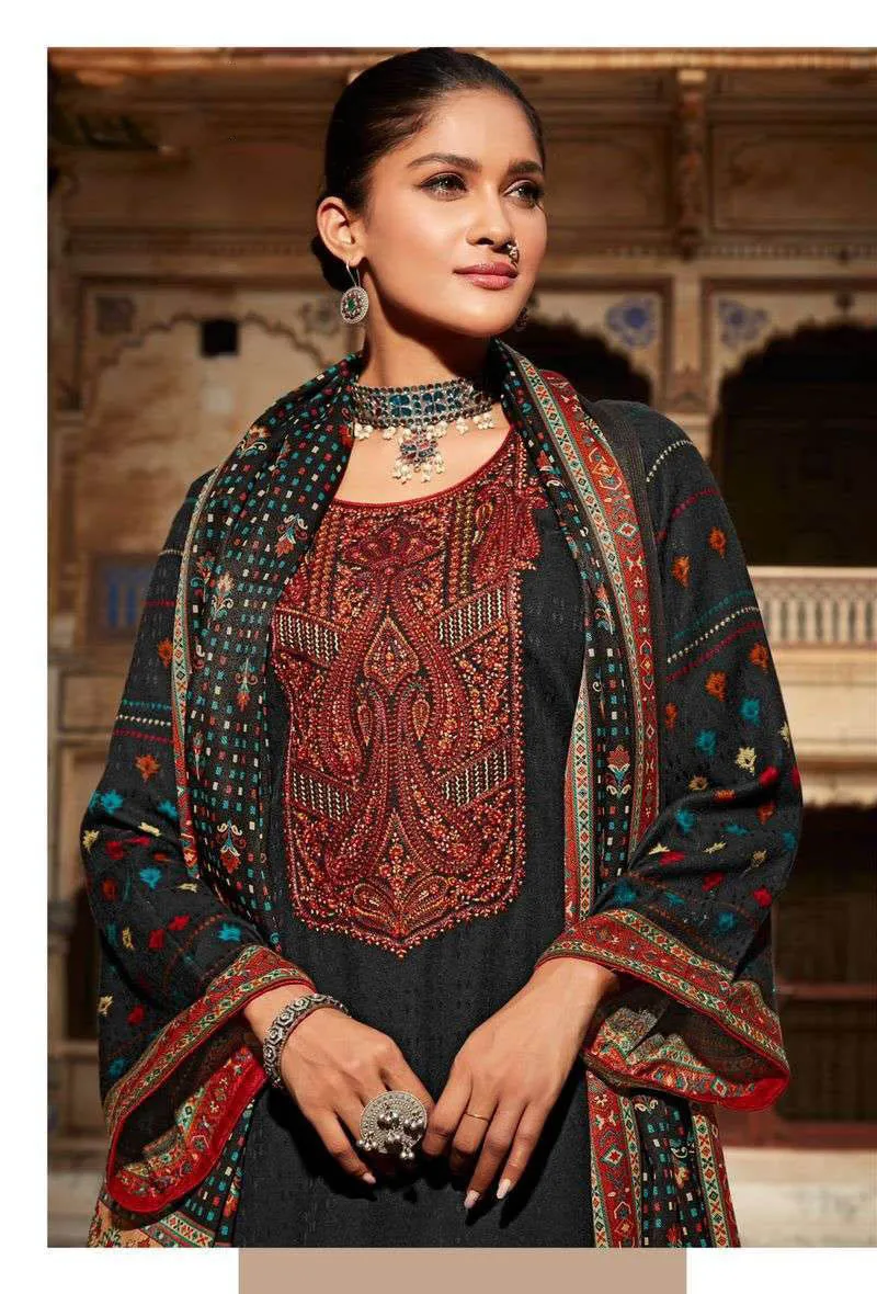 Pashmina Unstitched Black Winter Suits With Embroidery