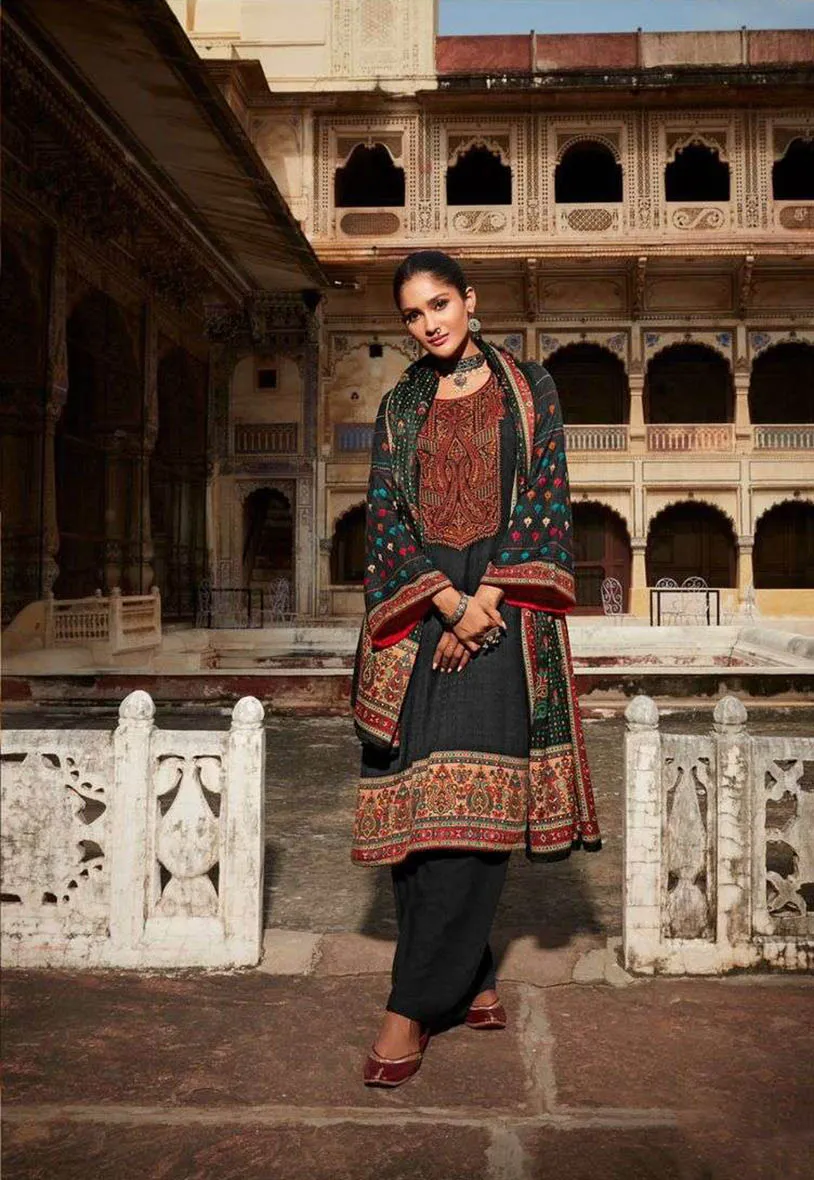 Pashmina Unstitched Black Winter Suits With Embroidery