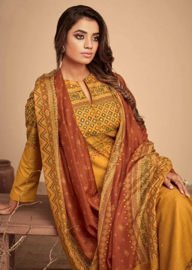 Pashmina Yellow Winter Unstitched Suit With Printed shawl