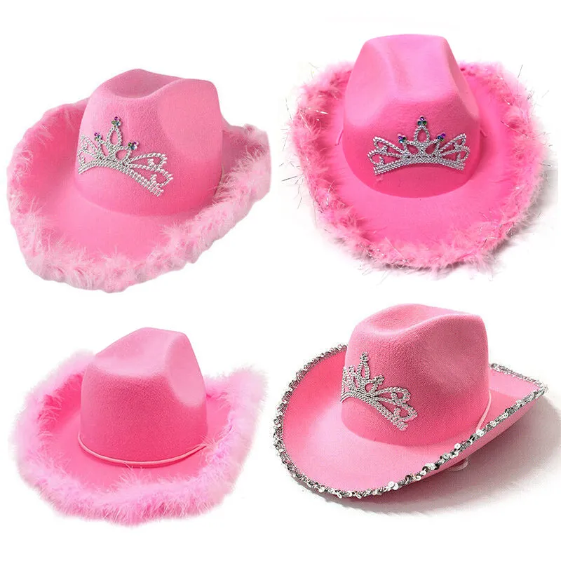 Pink Cowboy Hats With Sequins Feather