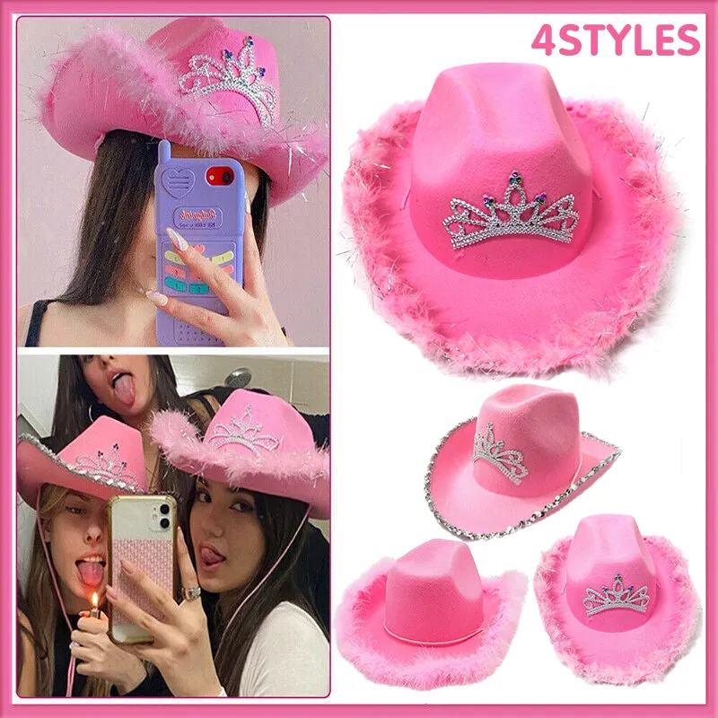 Pink Cowboy Hats With Sequins Feather