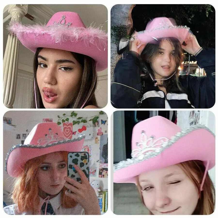 Pink Cowboy Hats With Sequins Feather